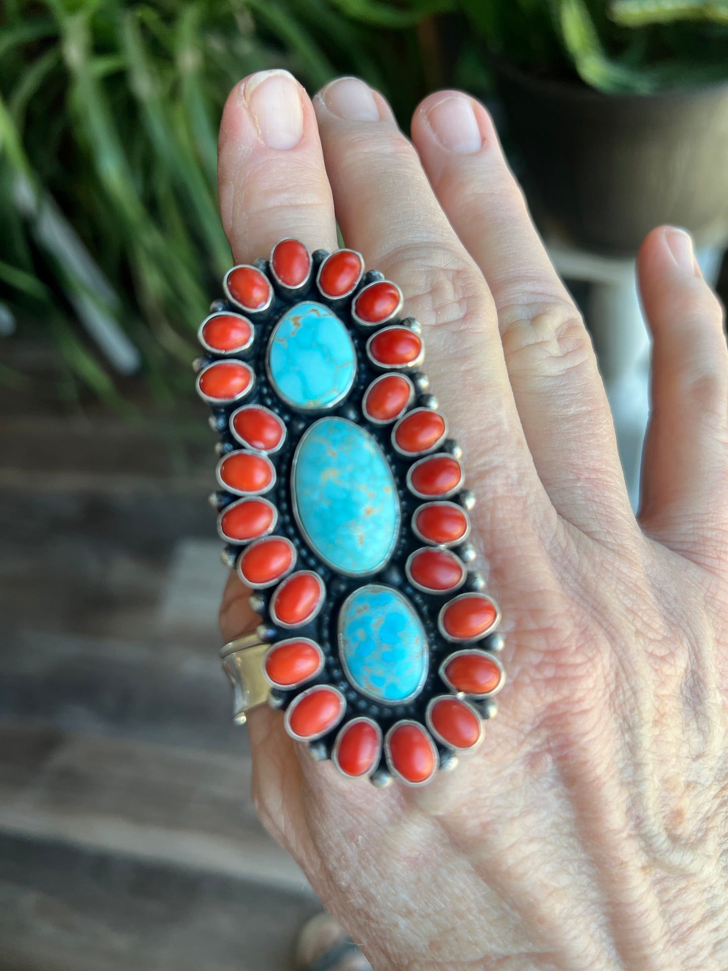 Navajo Sterling Silver, Coral and Number 8 Turquoise Ring by Darrin Livingston, Size 9