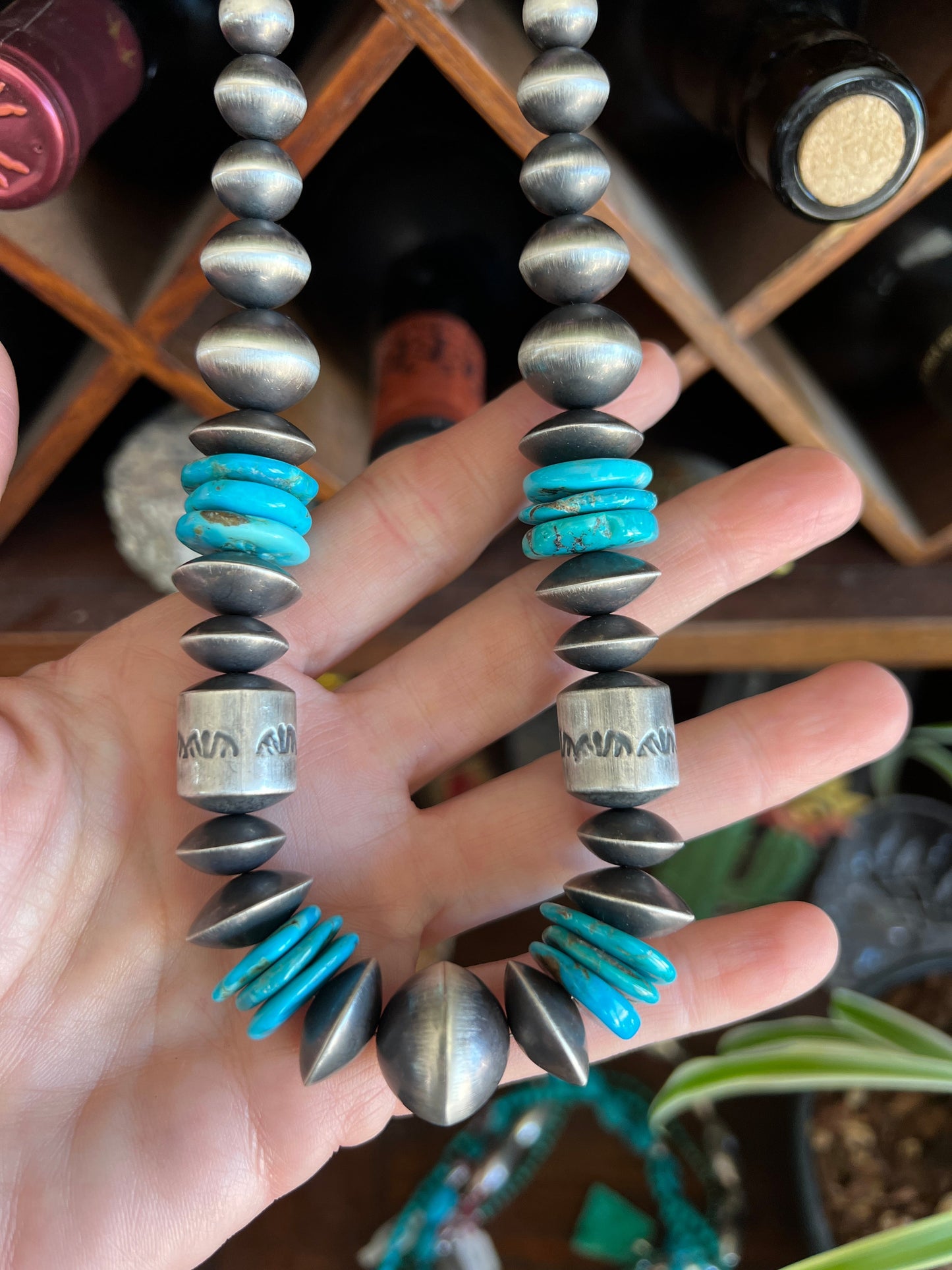 Navajo Sterling Silver and Kingman Turquoise Handmade Beaded Necklace by Rose Martin, 18 Inches