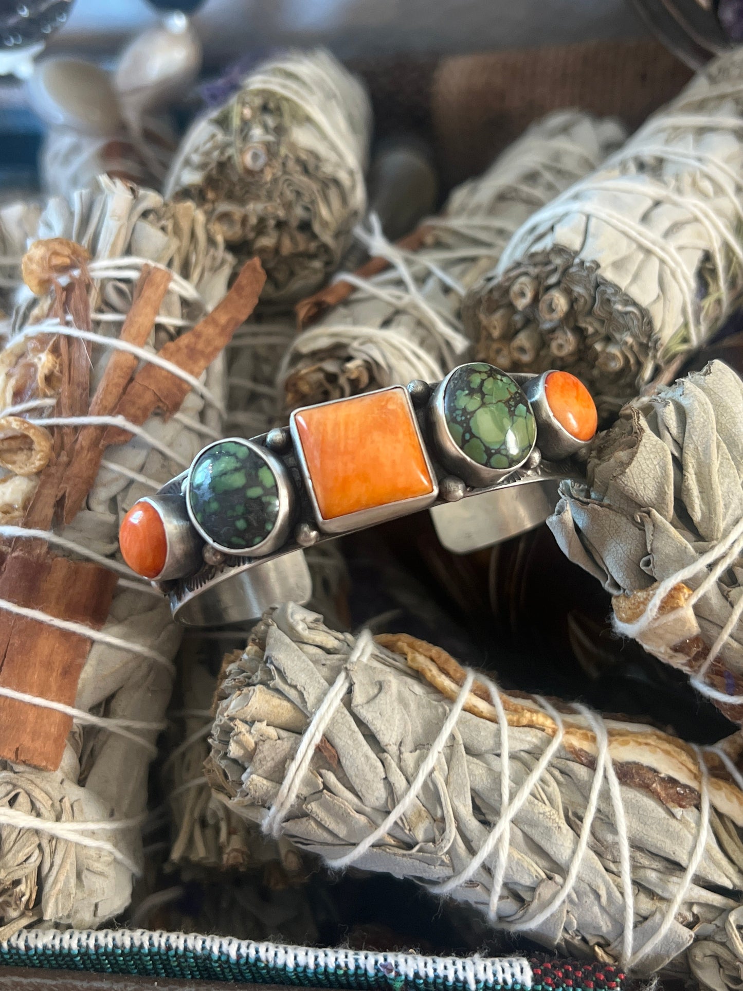 Randall Endito Spiny Oyster and Hubei Turquoise Stamped Cuff Bracelet