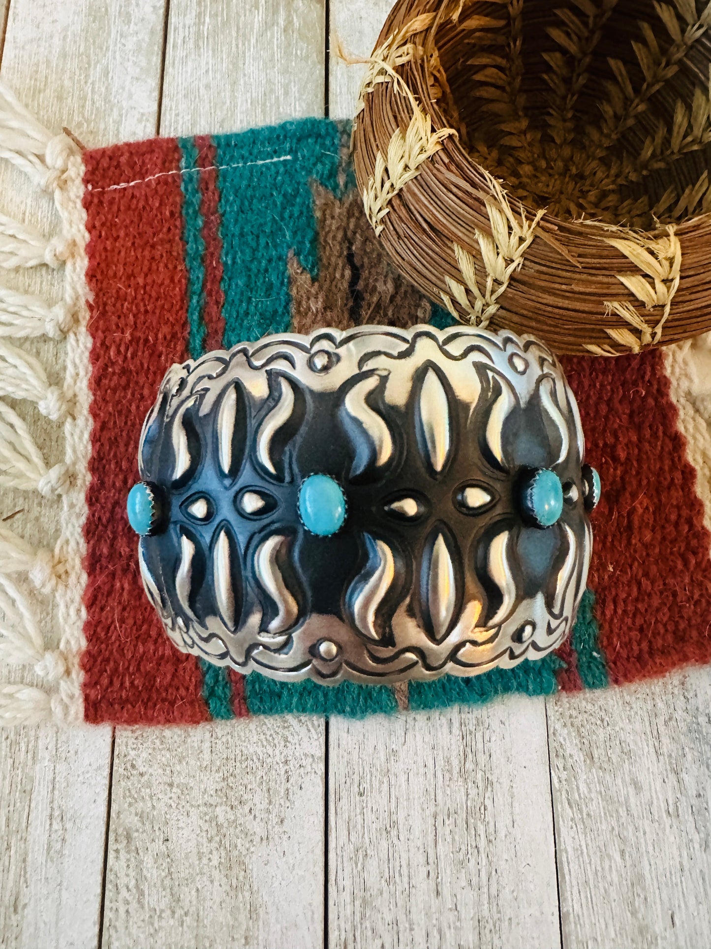 Navajo Sterling Silver & Turquoise Bangle Bracelet by Leander Tahe