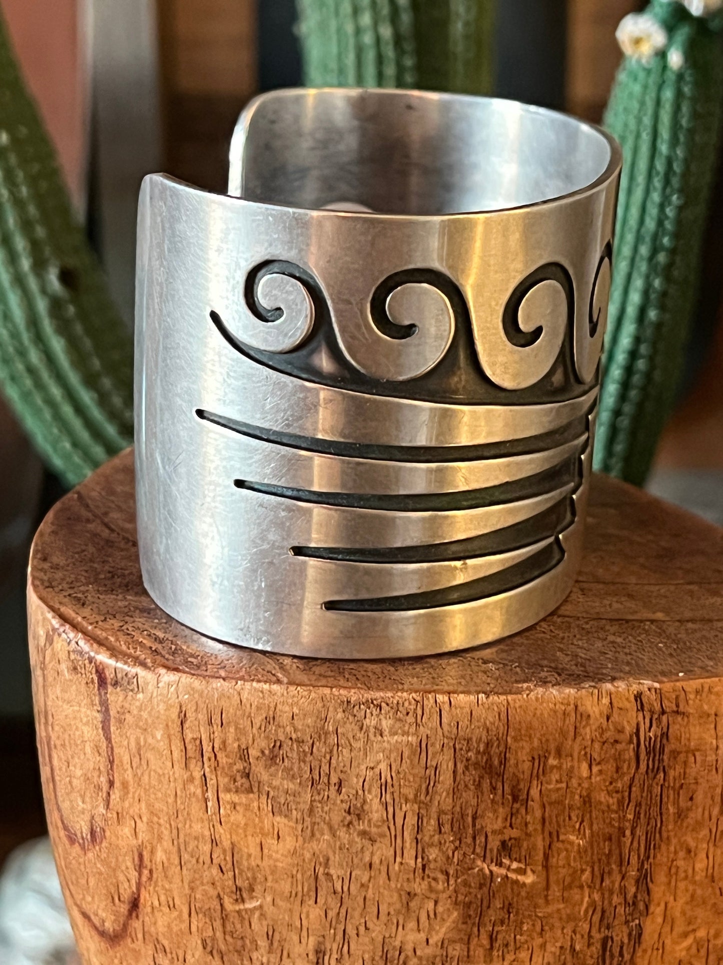 Old Pawn Sterling Silver Navajo Water Design Overlay Cuff, Unsigned