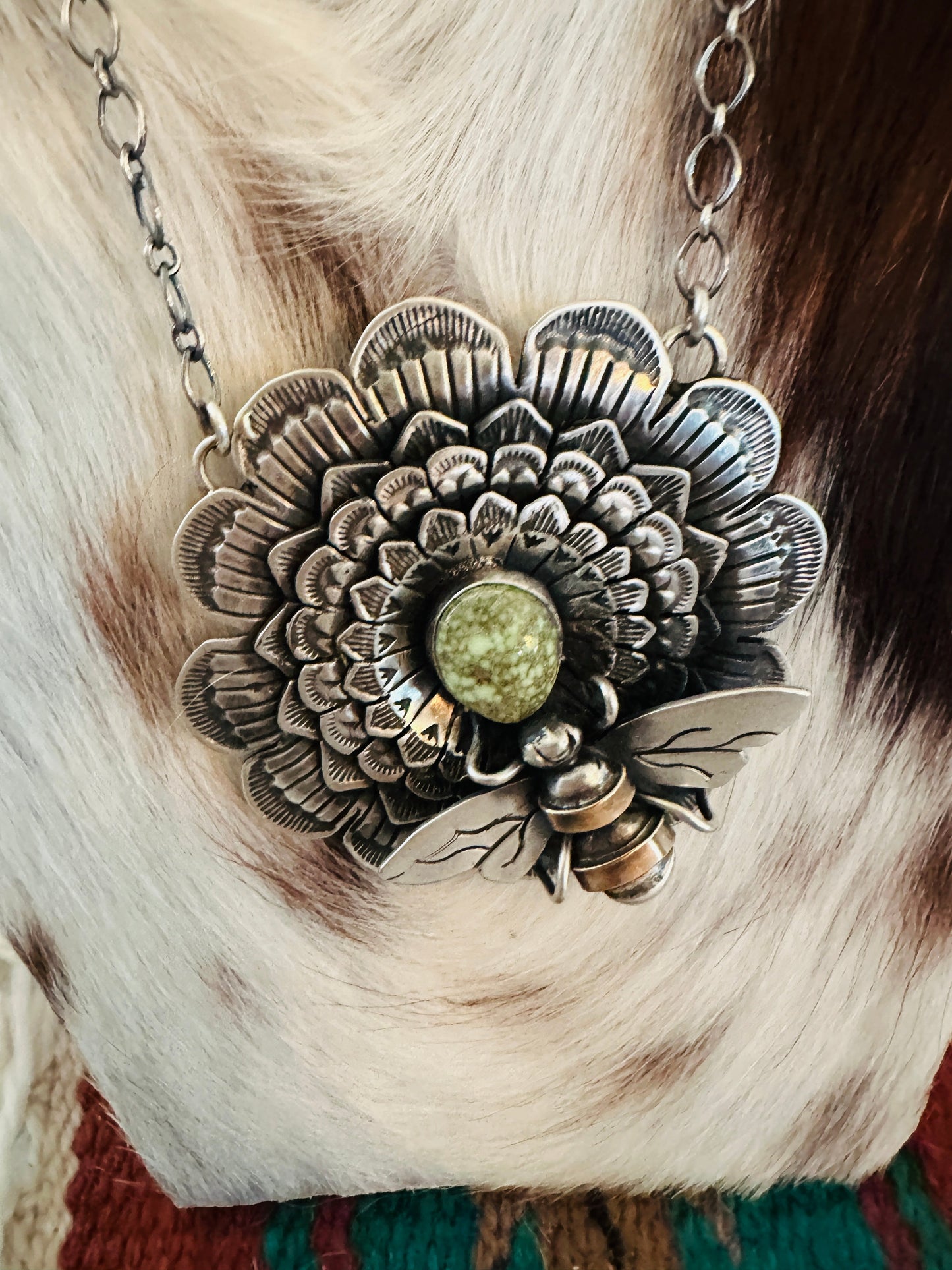 Navajo Sterling Silver and Turquoise Sunflower Necklace with Bee by Russell Sam