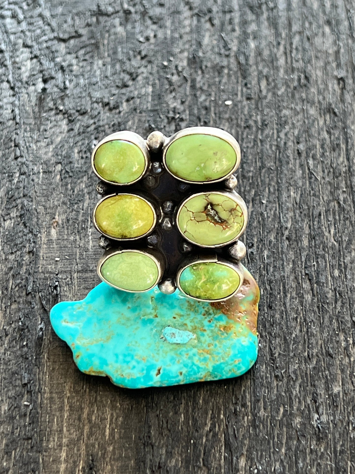 Navajo Sterling Silver and Sonoran Gold Turquoise Cluster Rings by Travis Jim, Size 8