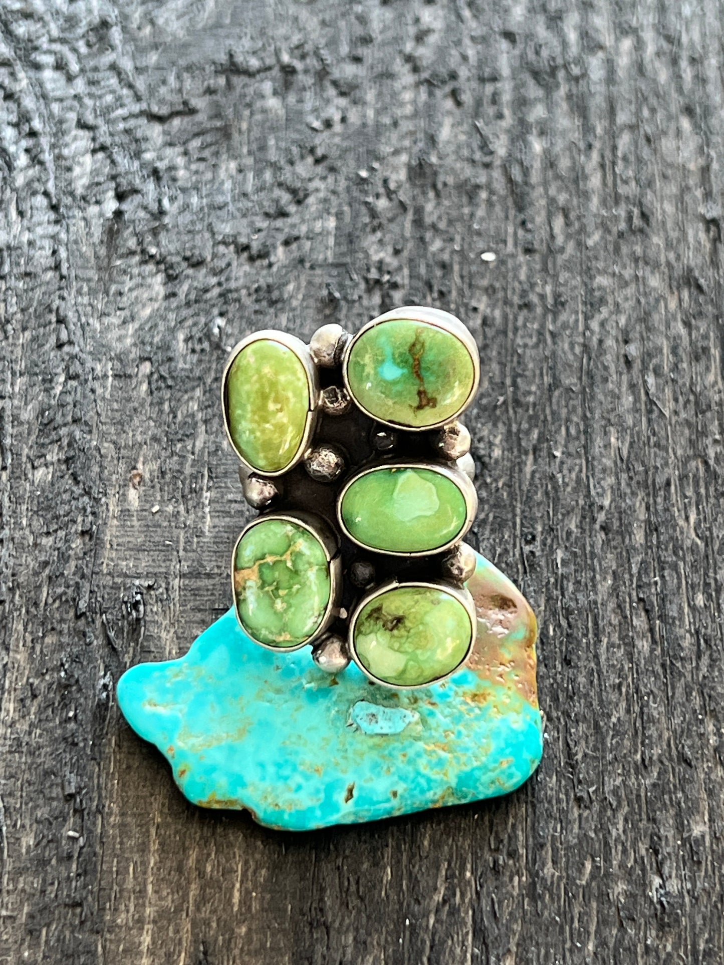 Navajo Sterling Silver and Sonoran Gold Turquoise Cluster Rings by Travis Jim, Size 8