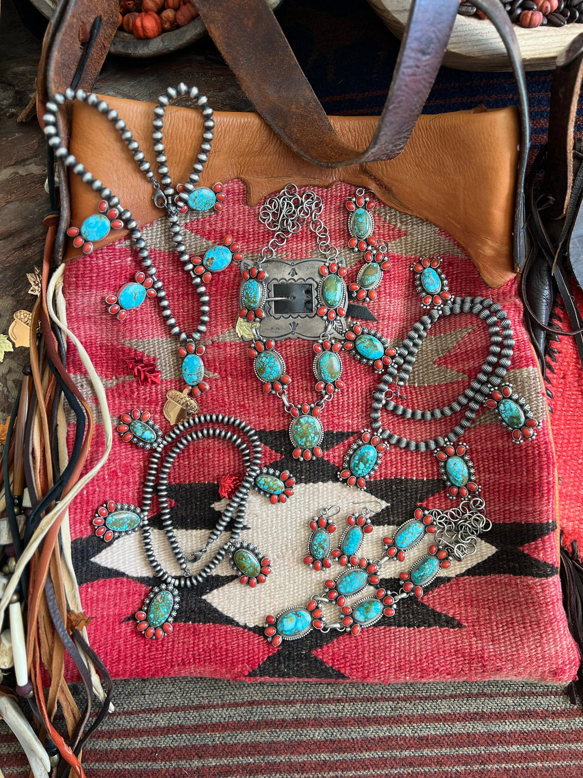 Taos Collection: Kathleen Chavez Sterling Silver, Kingman Turquoise & Mediterranean Coral Necklace and Earrings Set