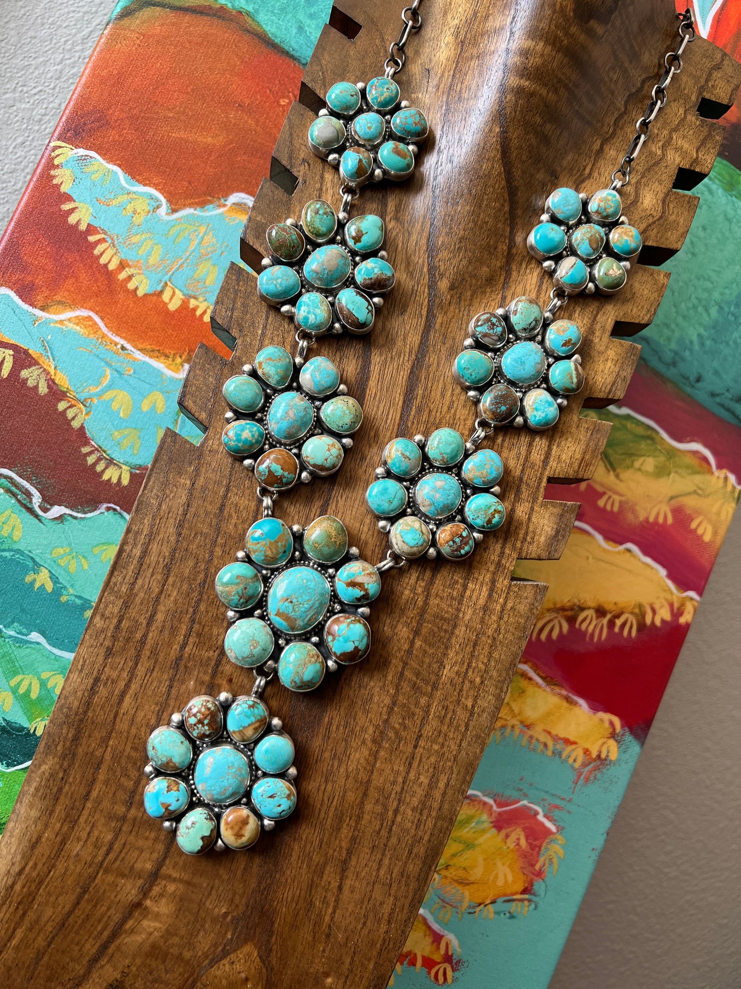 Navajo Big Mama Sterling Silver and Royston Turquoise Cluster Necklace with Matching Earrings by Sheila Becenti