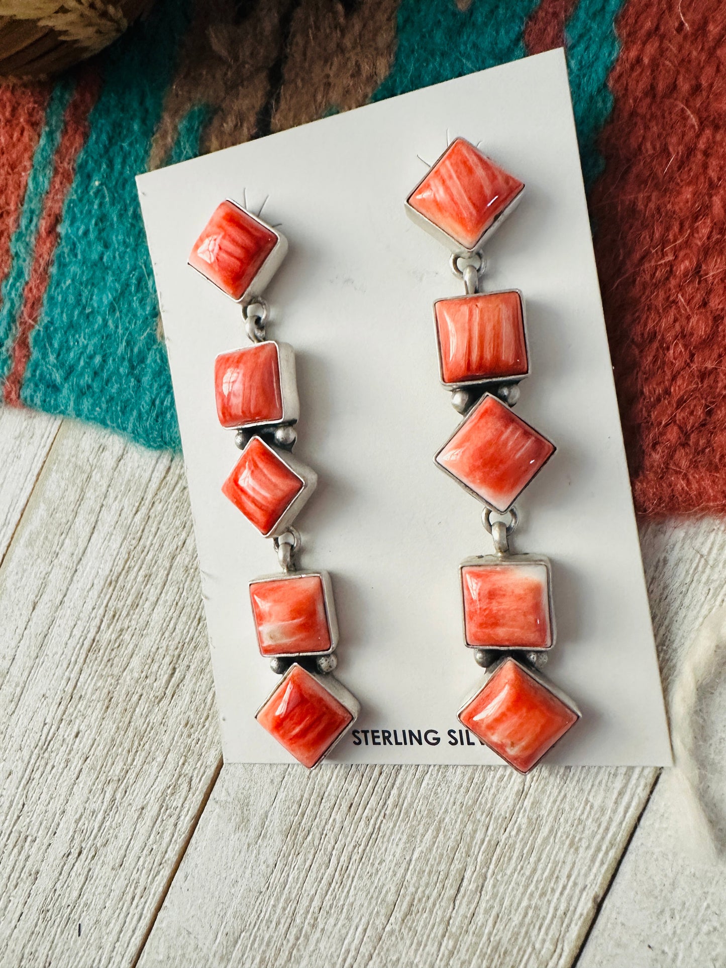 Navajo Orange Spiny and Sterling Silver Dangle Earrings