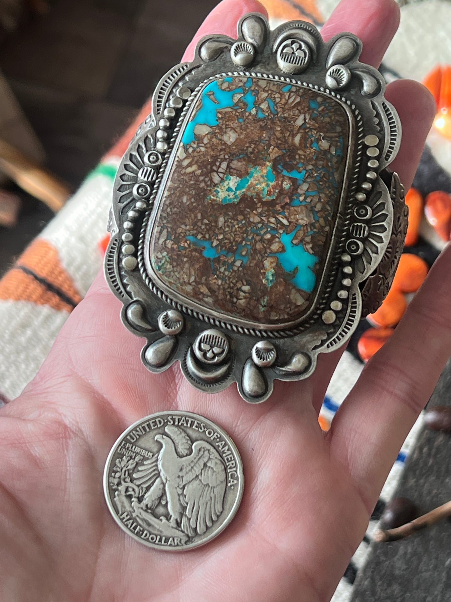 Chunky Dean Sandoval Sterling Silver and Pilot Mountain Turquoise Thunderbird Cuff Bracelet