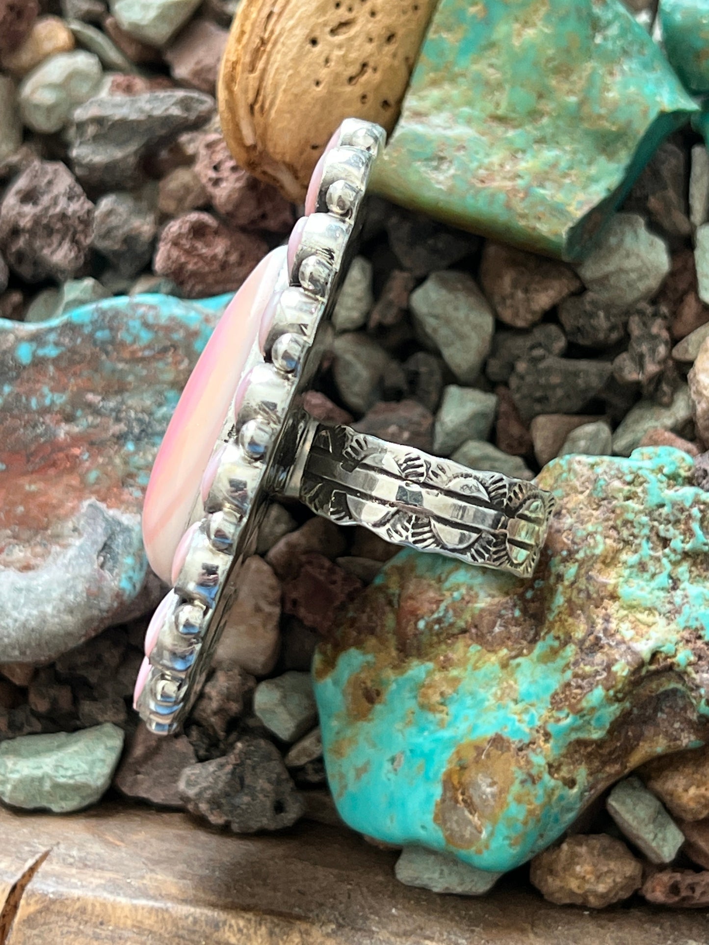 Navajo Sterling Silver and Tear Drop Queen Pink Conch Shell Cluster Ring by Aaron Tallis, Adjustable
