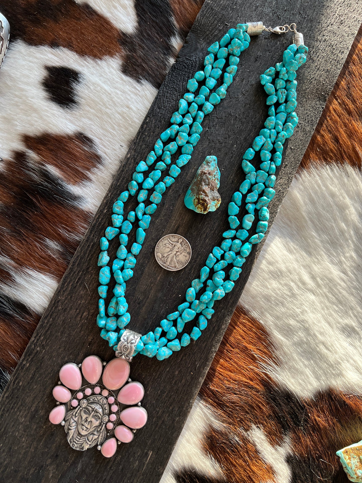Navajo Sterling Silver Pink Conch Chief and Triple Strand Turquoise Nugget Bead Necklace by Patrick Yazzie