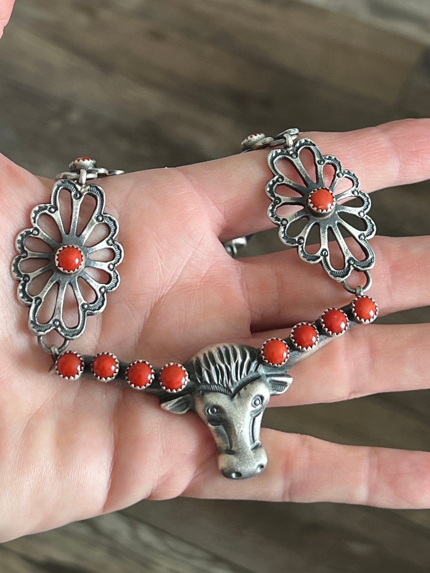 Navajo Sterling Silver and Mediterranean Coral Steer Head Concho Necklace & Earrings by Kevin Billah