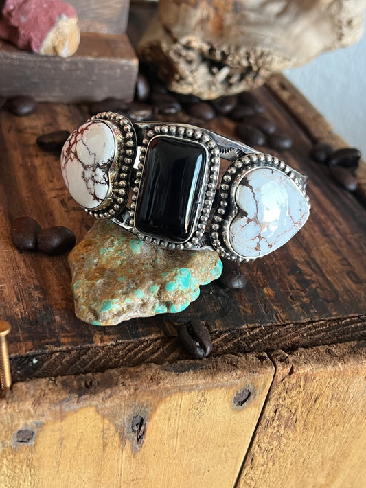 Rosella Paxson Sterling Silver Cuff with Wild Horse Magnesite Hearts and Rectangular Onyx