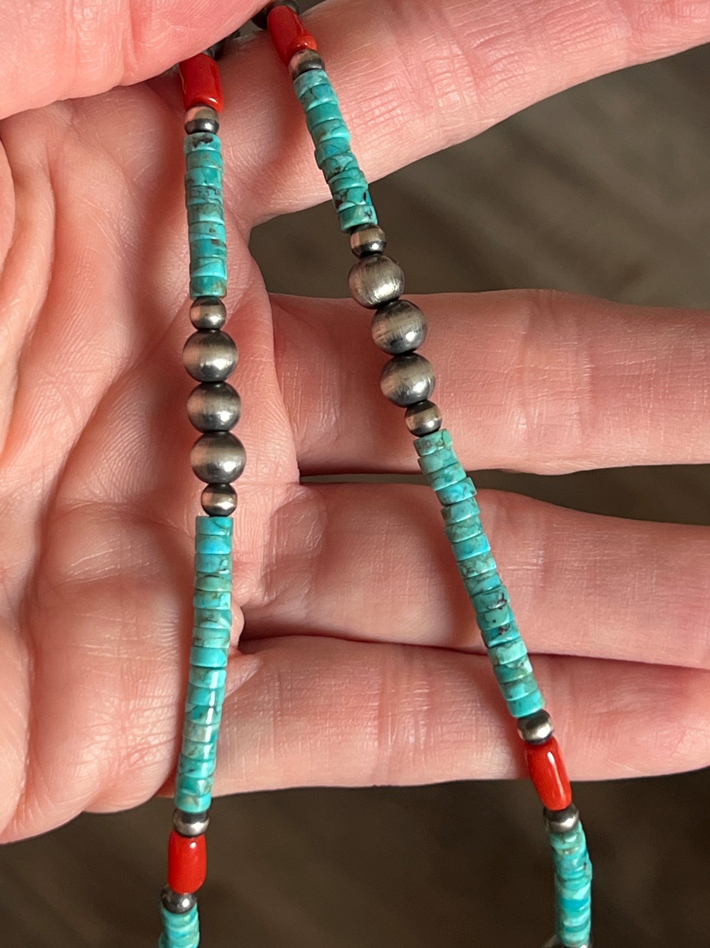Summer Lovin’ Navajo Beaded Layering Necklace with Sterling Silver, Turquoise and Mediterranean Coral, 14” + 2”, The Beach Cruiser