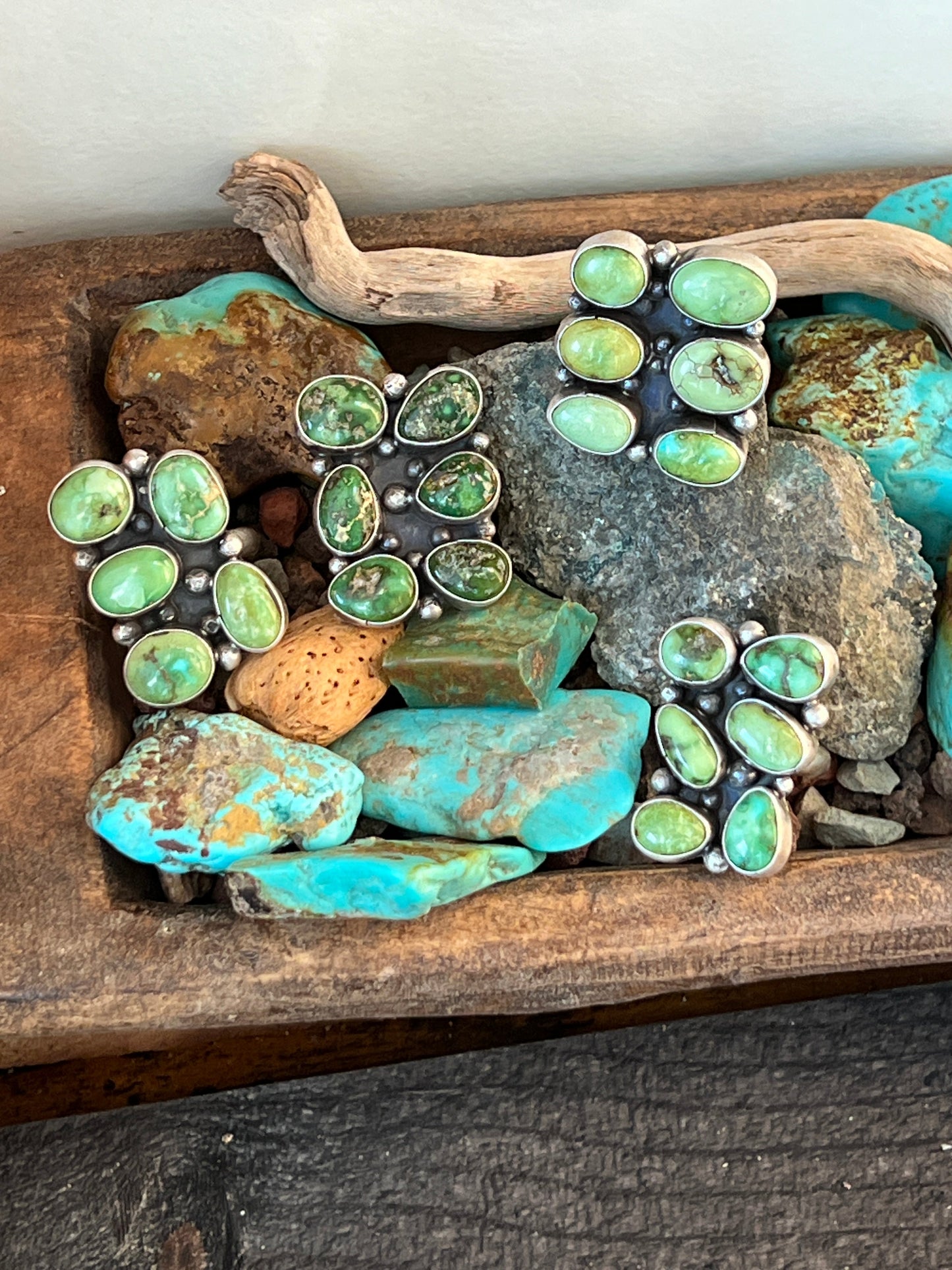 Navajo Sterling Silver and Sonoran Gold Turquoise Cluster Rings by Travis Jim, Size 8