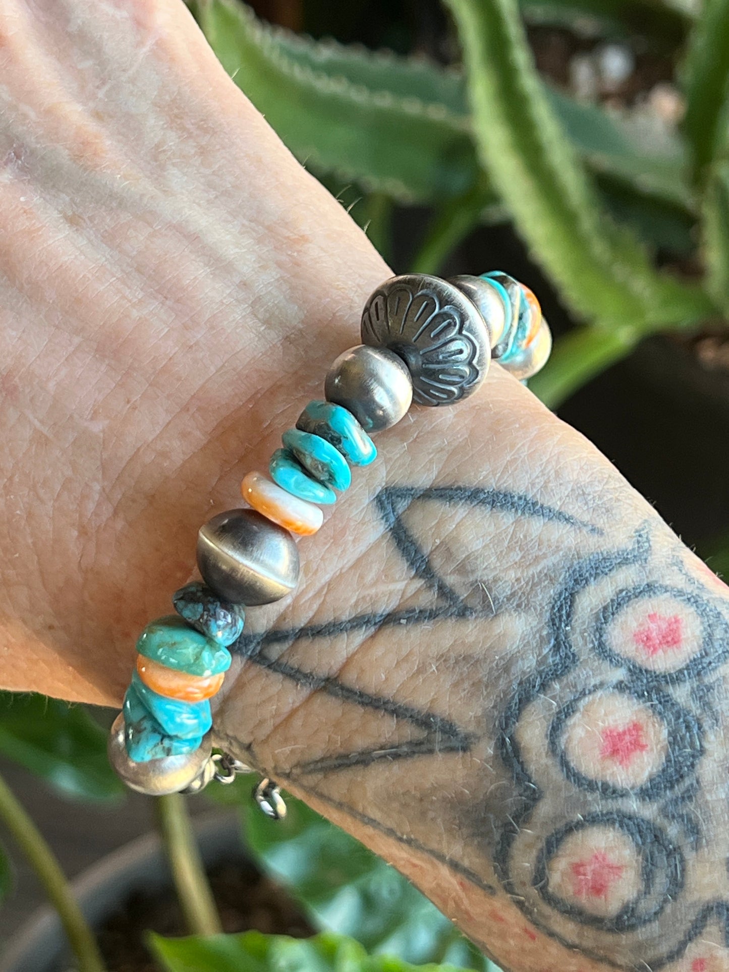 Navajo Made Chunky Sterling Silver, Turquoise and Spiny Oyster Shell Beaded Bracelet, Adjustable