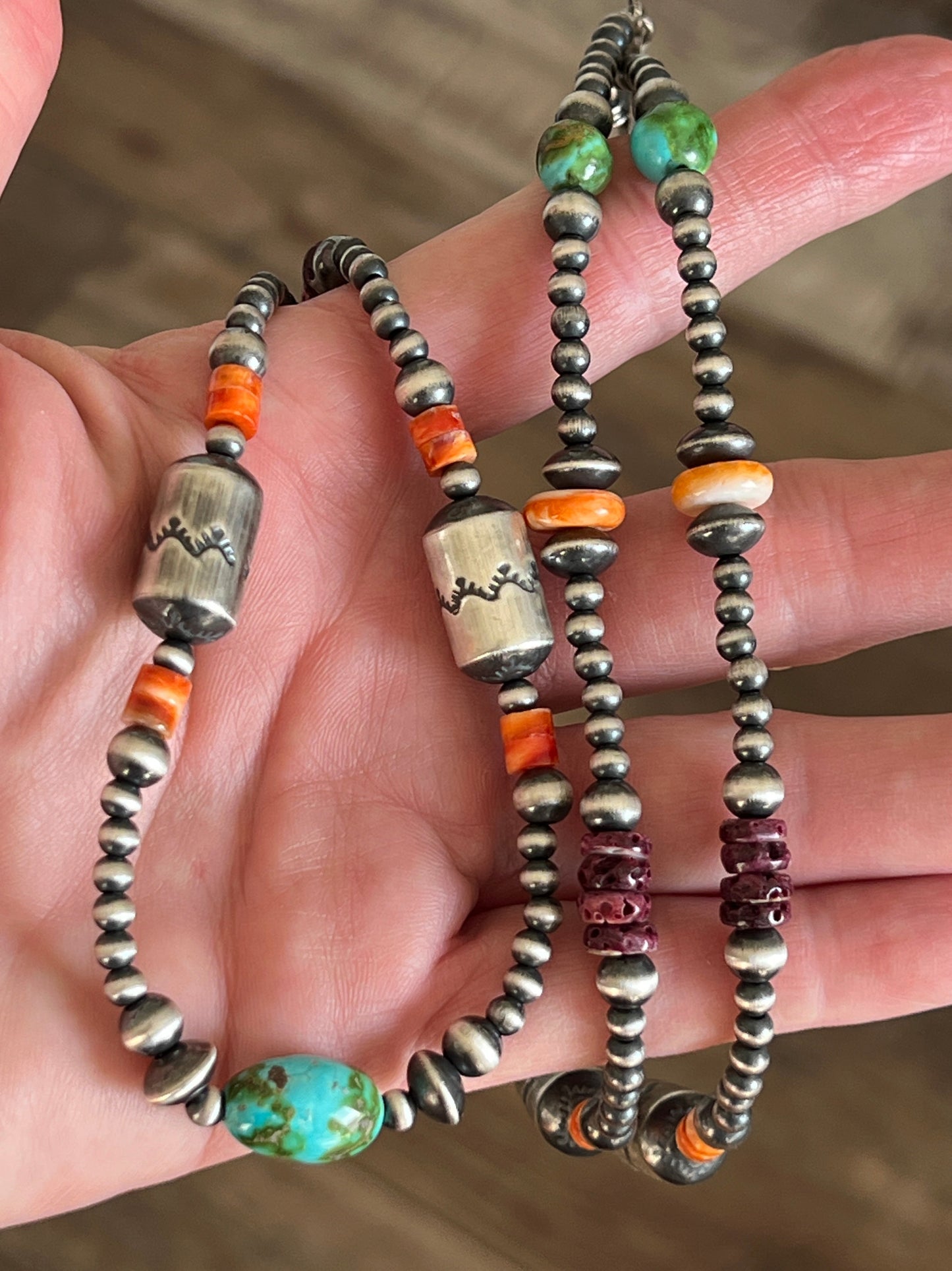 Navajo Electric Rainbow Sterling Silver, Turquoise and Spiny Oyster Single Strand Beaded Necklace by Rose Martin, 34 + 2 Inches