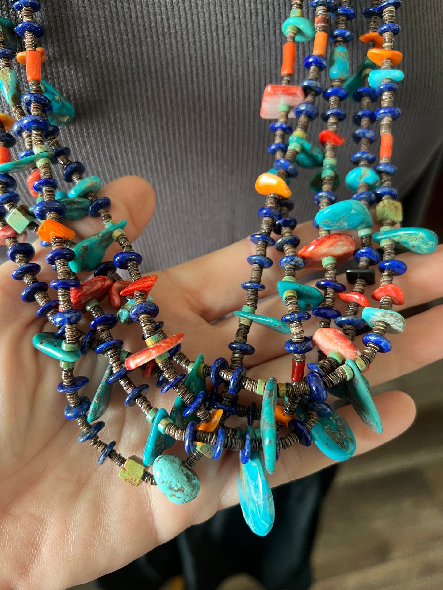 Gorgeous Santo Domingo Made Five Strand Lapis, Spiny Oyster and Turquoise Beaded Squaw Wrap Necklace with Tabs by Daniel Coriz