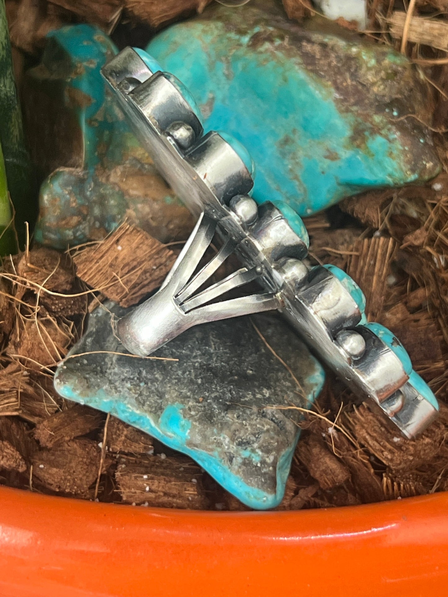 Navajo Paul Livingston Sterling Silver and Campitos Turquoise Cluster Ring, Size 7