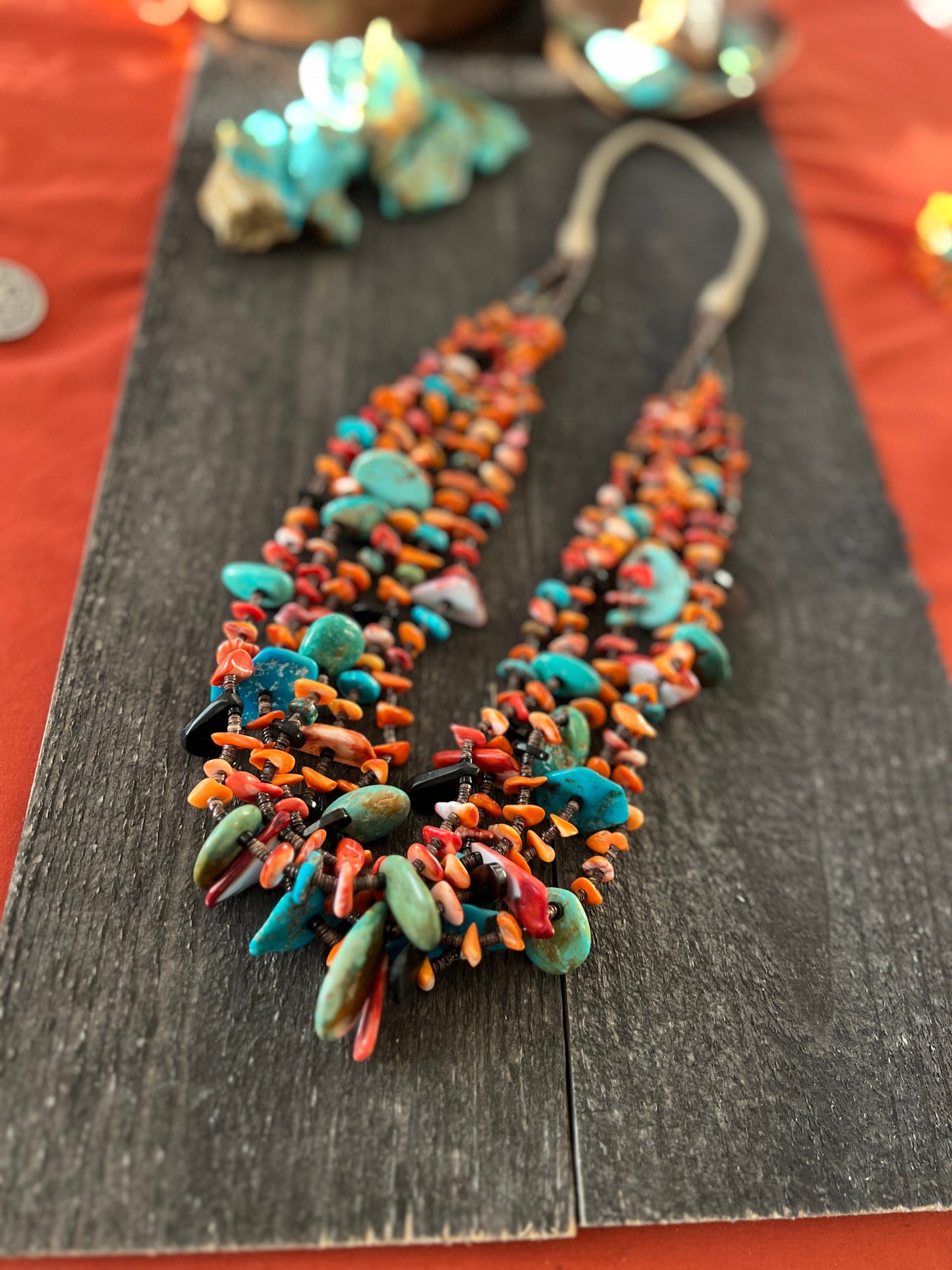Gorgeous Santo Domingo Made Five Strand Spiny Oyster and Turquoise Beaded Squaw Wrap Necklace with Tabs by Daniel Coriz