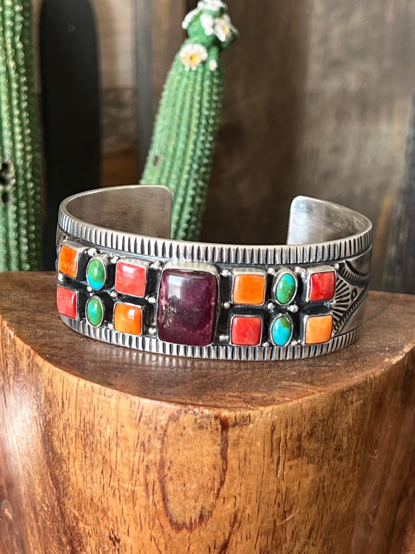 Navajo Electric Rainbow Turquoise and Spiny Oyster Cuff Bracelet by Bernyse Chavez