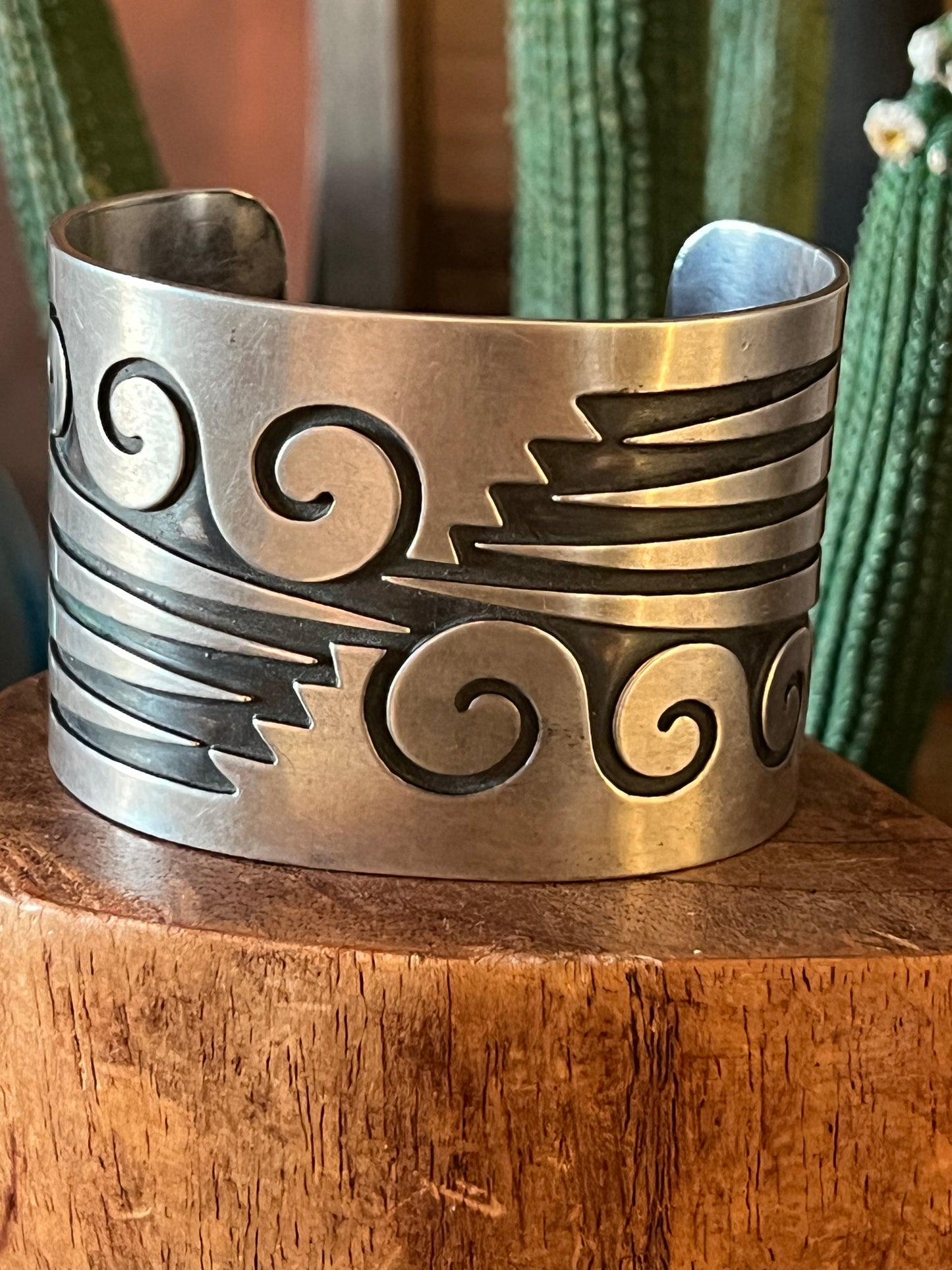 Old Pawn Sterling Silver Navajo Water Design Overlay Cuff, Unsigned