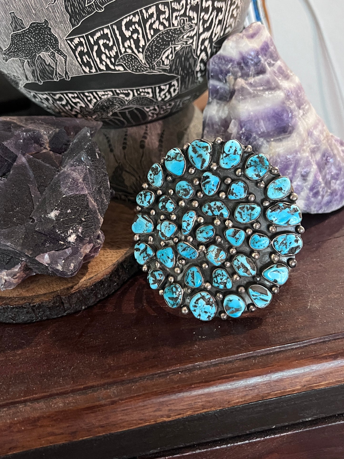 Vintage Sterling Silver and Kingman Nugget Turquoise Cluster Cuff Bracelet