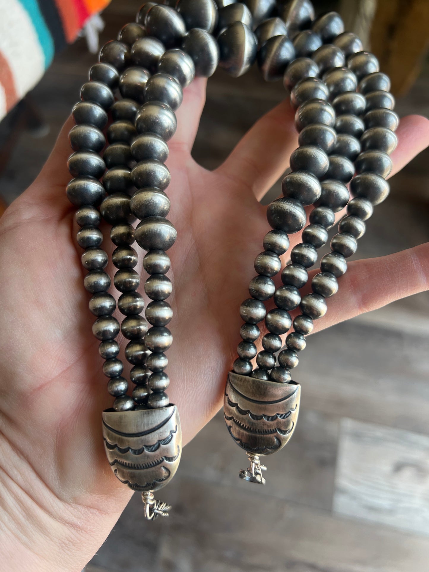 Navajo Sterling Silver Triple Strand Bead Statement Necklace by Rose Martin