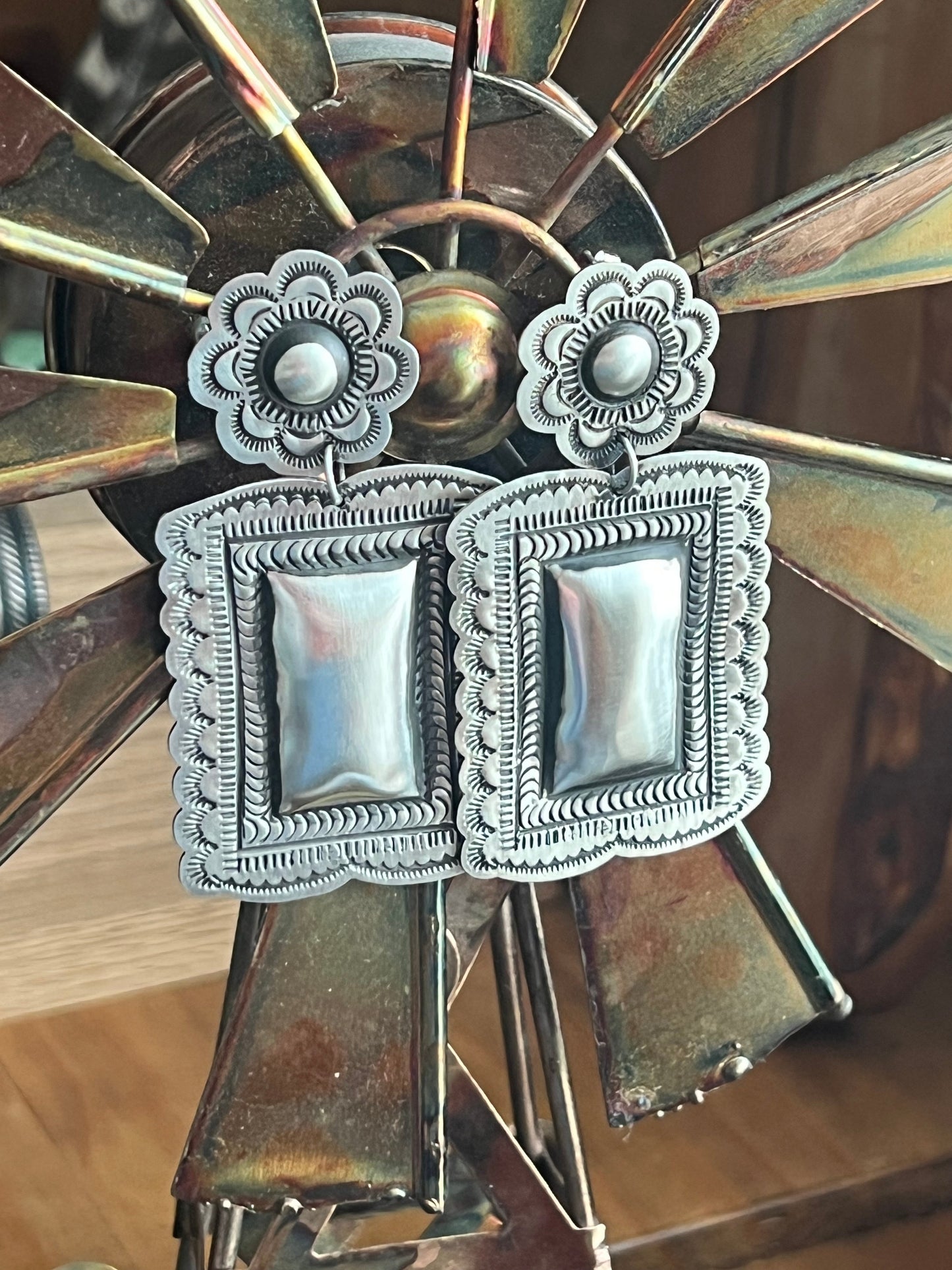 Handmade Navajo Sterling Silver Stamped Repousse Rectangle Earrings by Leander Tahe, R2