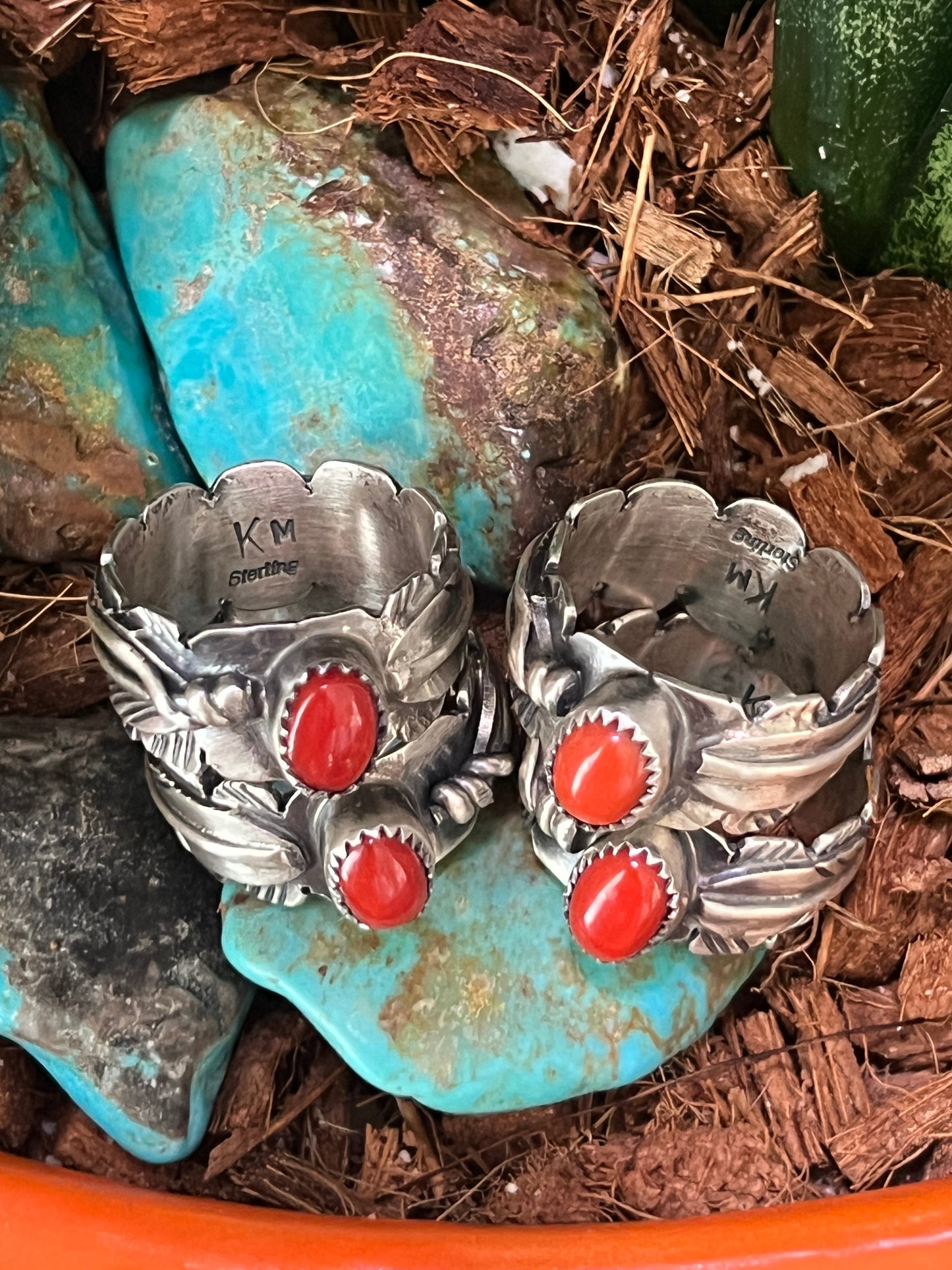 Navajo Sterling Silver Stout Feather Rings with Mediterranean Coral, Signed KM