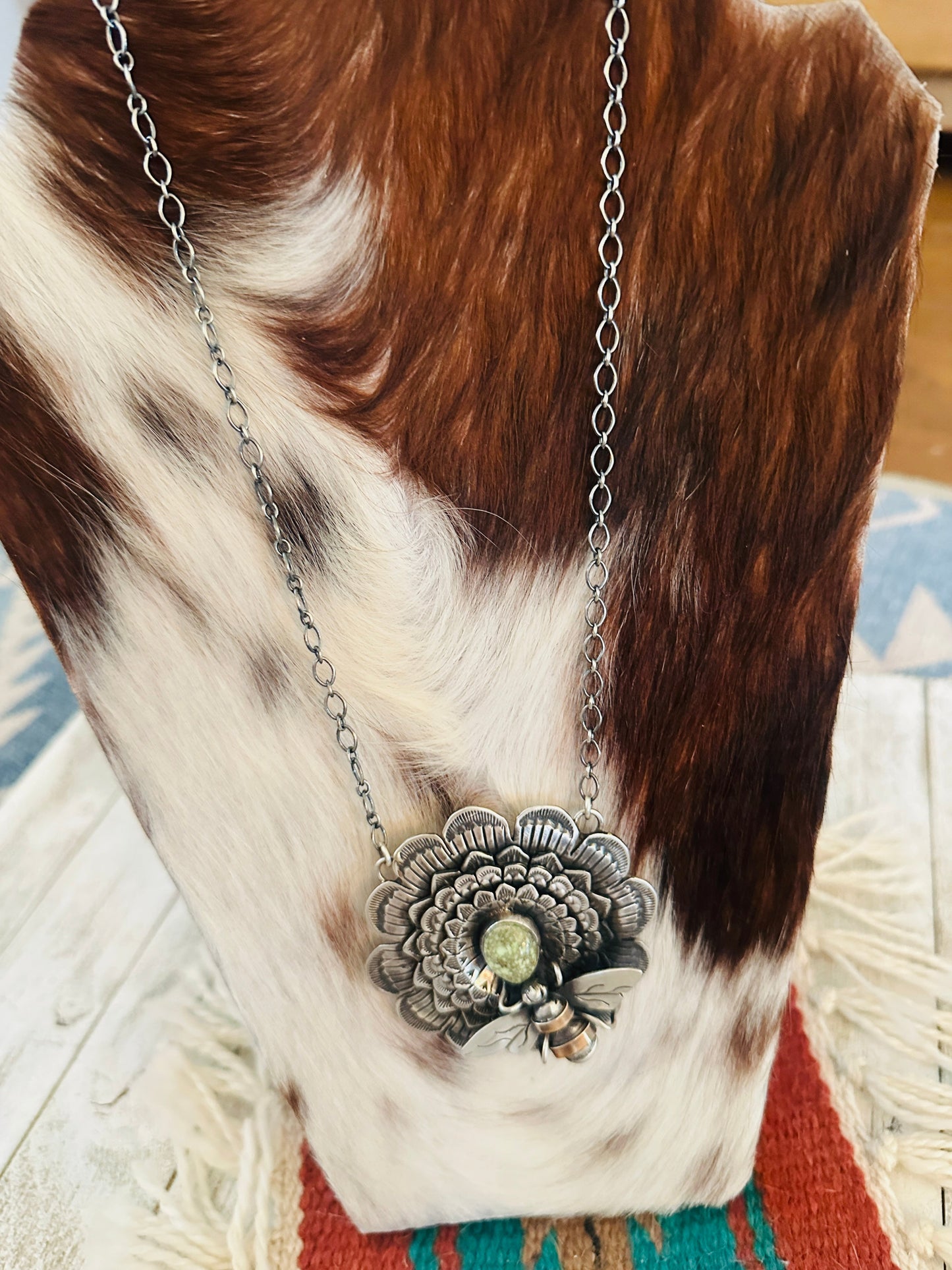 Navajo Sterling Silver and Turquoise Sunflower Necklace with Bee by Russell Sam