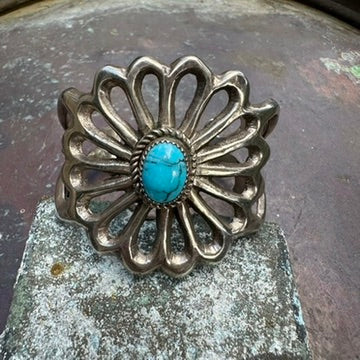 Vintage Cast Sterling Silver Turquoise Flower Cuff Bracelet, Signed RM