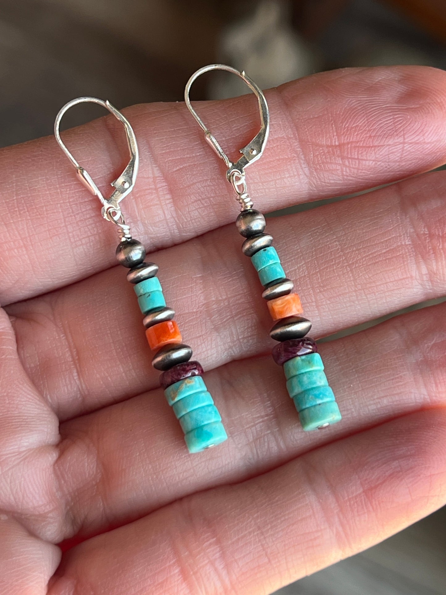 Navajo Made Sterling Silver Summer Lovin’ Turquoise and Spiny Oyster Beaded Drop Earrings, Leverback