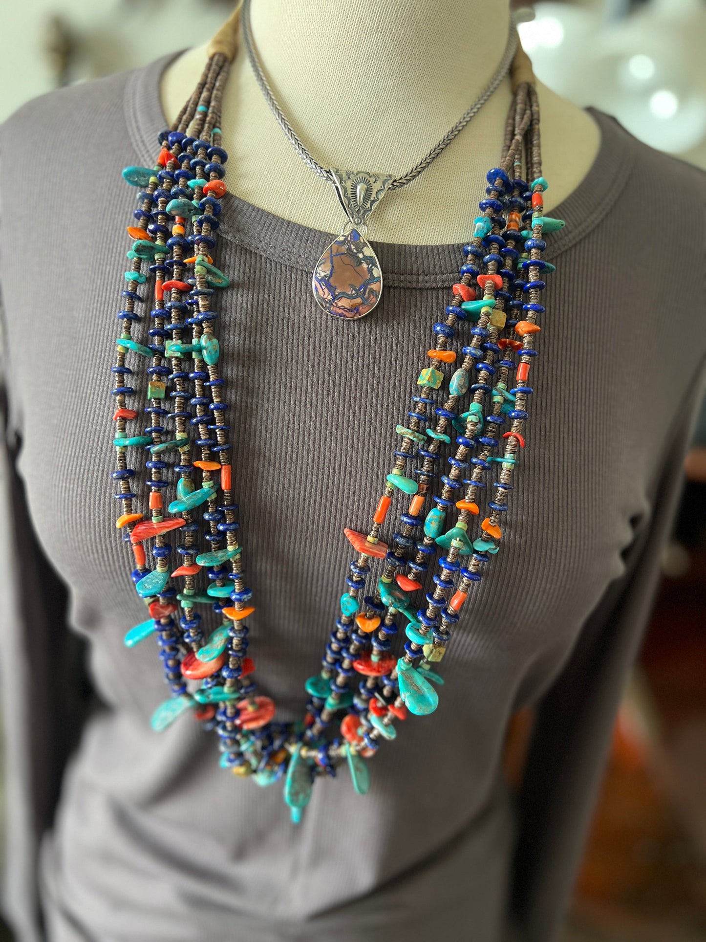 Gorgeous Santo Domingo Made Five Strand Lapis, Spiny Oyster and Turquoise Beaded Squaw Wrap Necklace with Tabs by Daniel Coriz