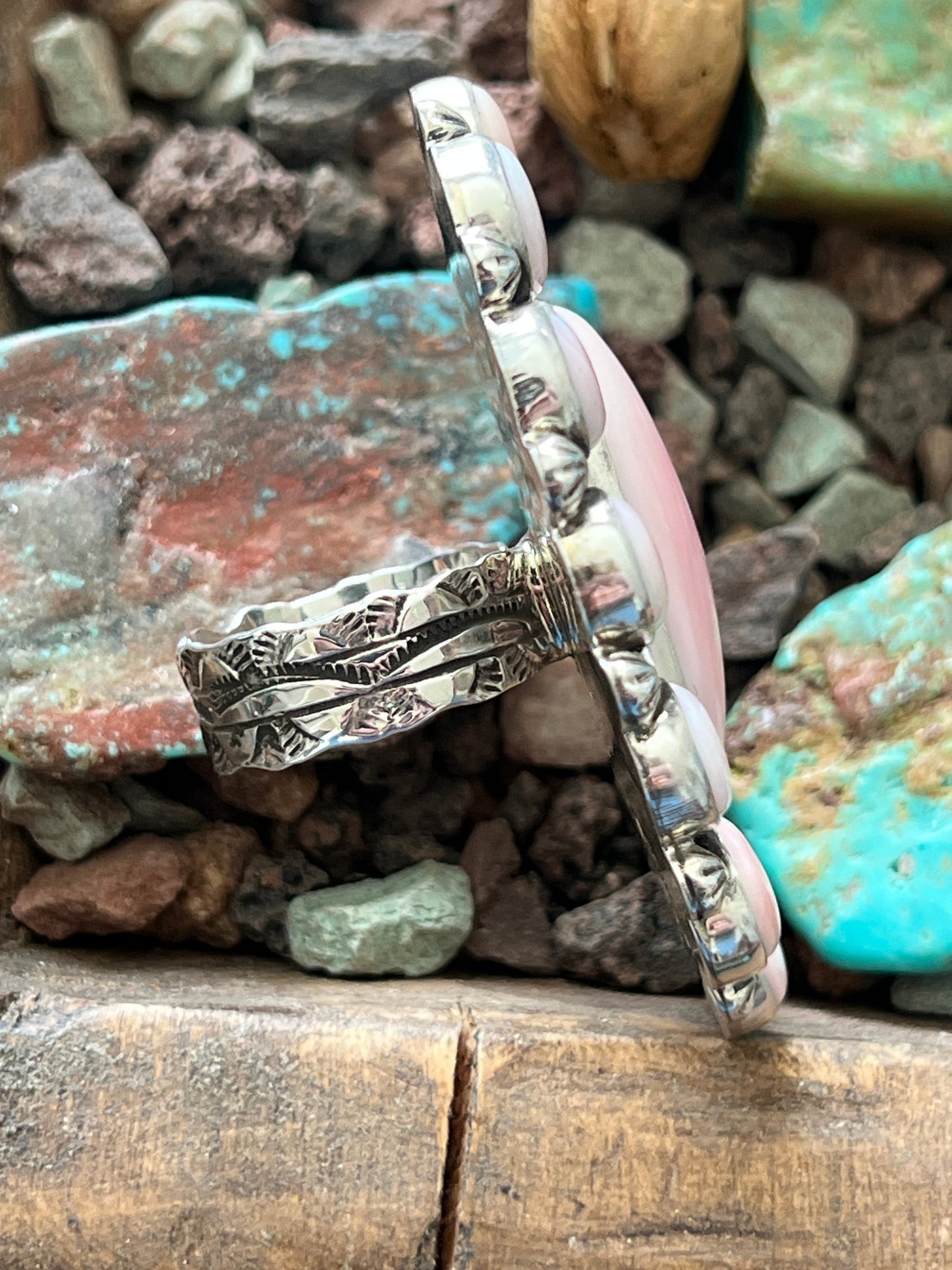 Navajo Sterling Silver and Oval Queen Pink Conch Shell Cluster Ring by Aaron Tallis, Adjustable