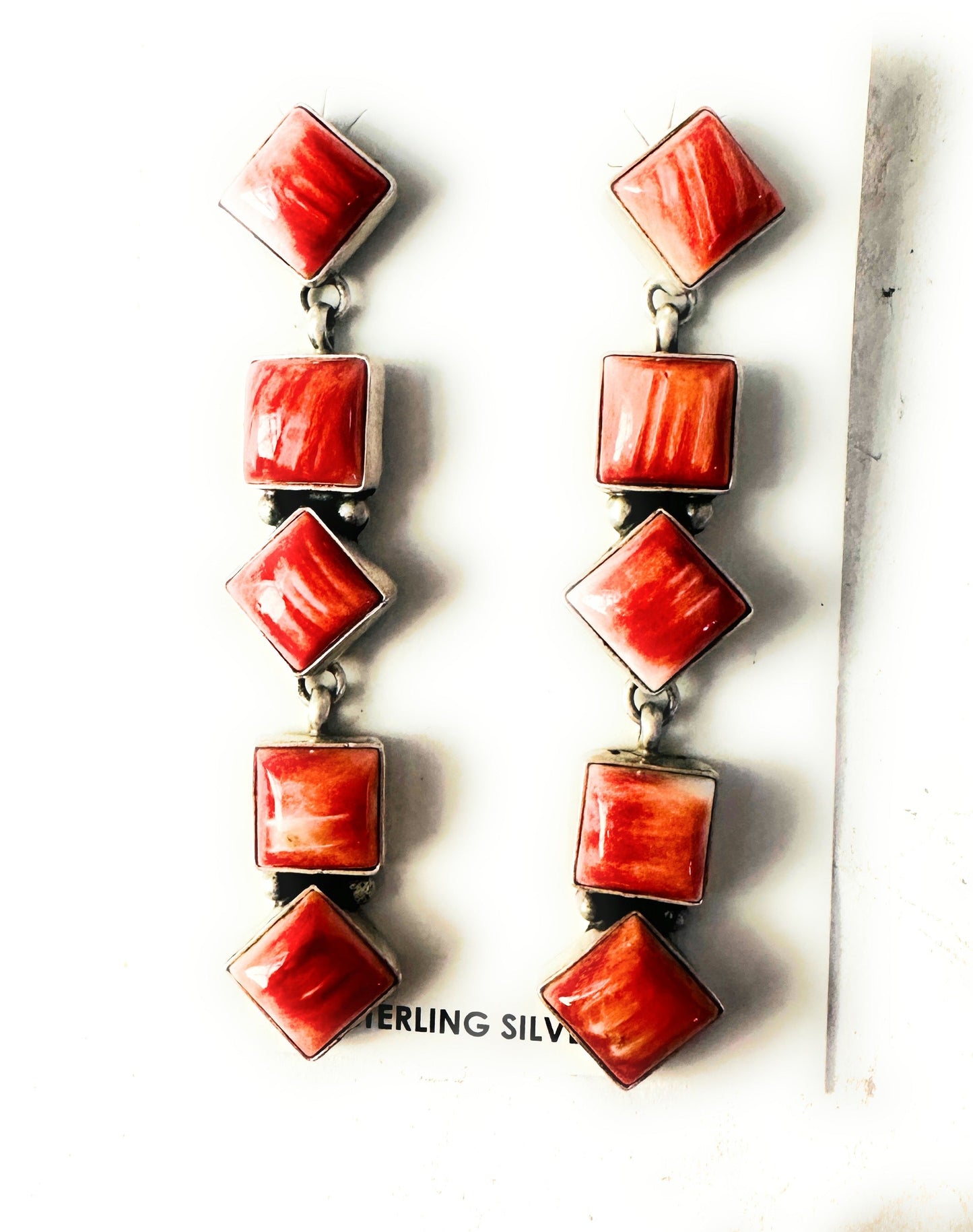 Navajo Orange Spiny and Sterling Silver Dangle Earrings