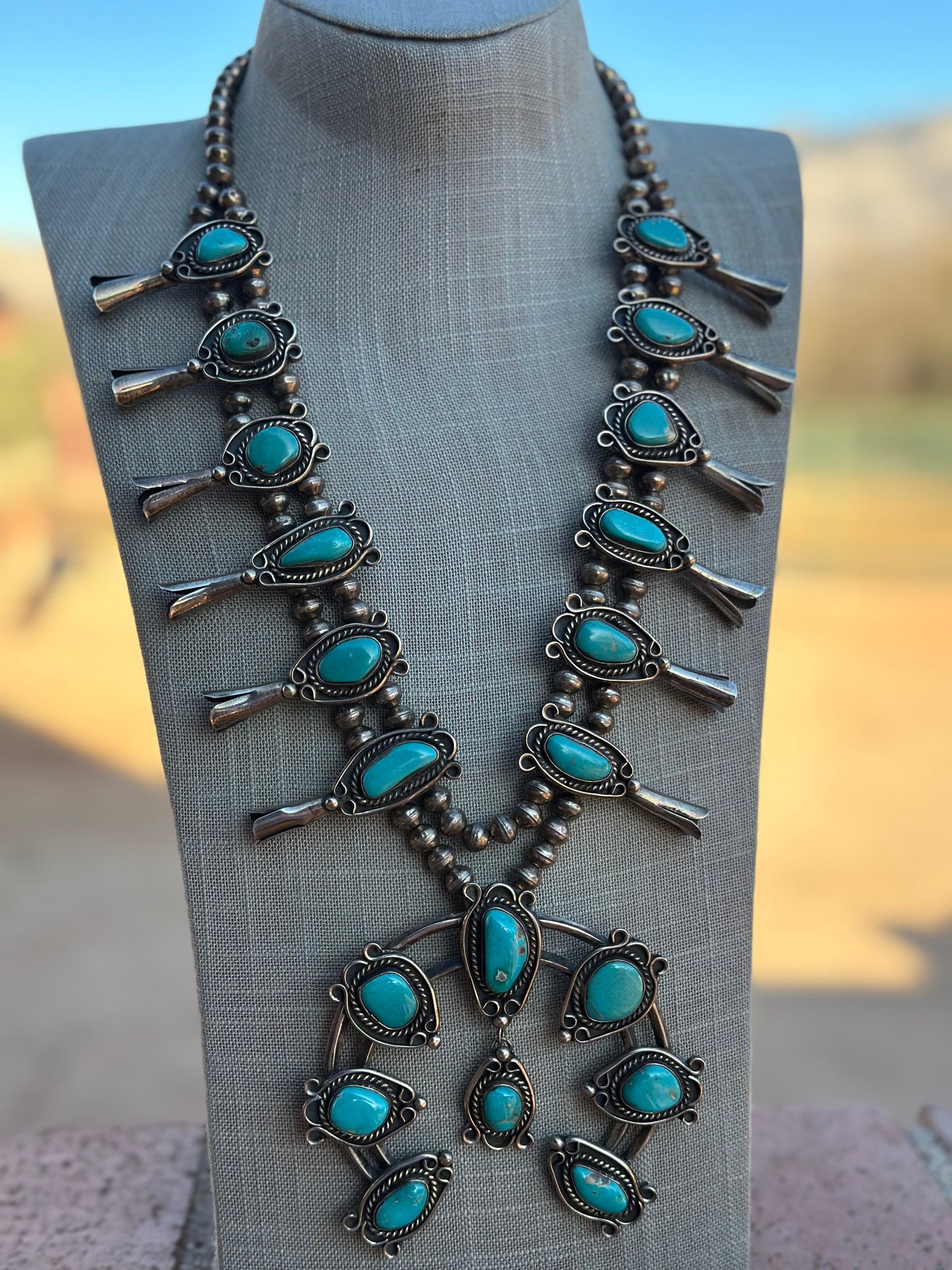 Estate Collection Old Pawn Navajo Turquoise & Sterling Silver Squash Blossom Necklace