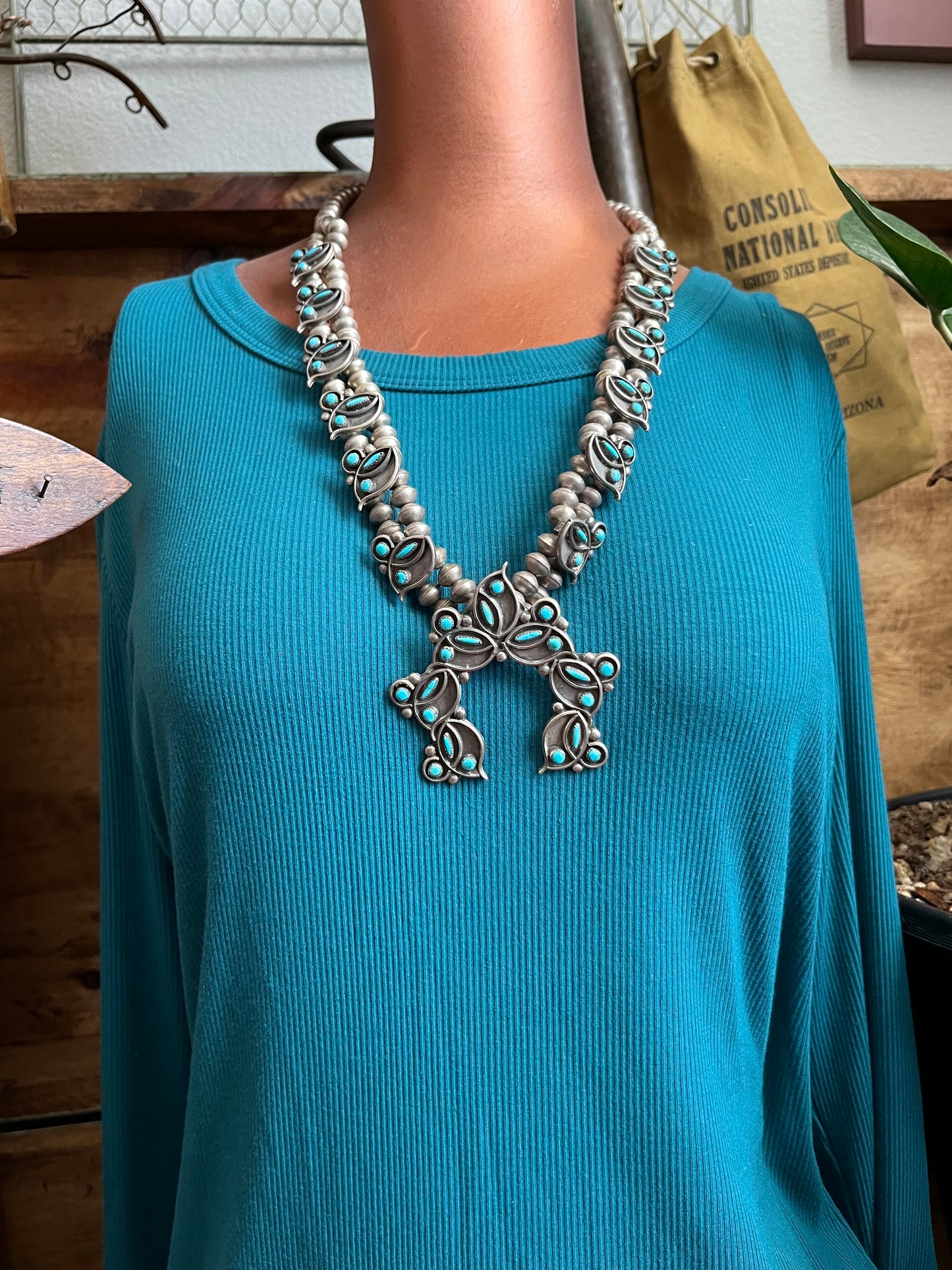 Vintage Unsigned Sterling Silver and Turquoise Squash Blossom, Zuni Style