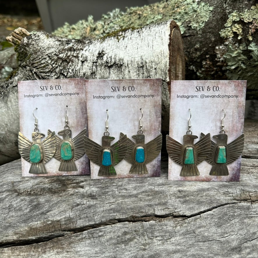 Native Made Sterling Silver and Turquoise Blue Thunderbird Earrings by Vernon Begay