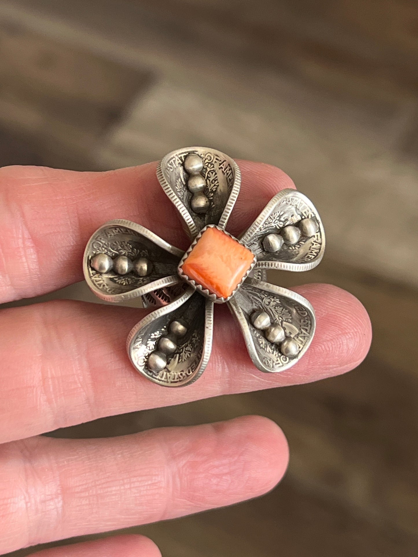 Navajo Sterling and Coin Silver Mercury Dime Flower Ring with Orange Spiny Oyster by James Begay, Adjustable
