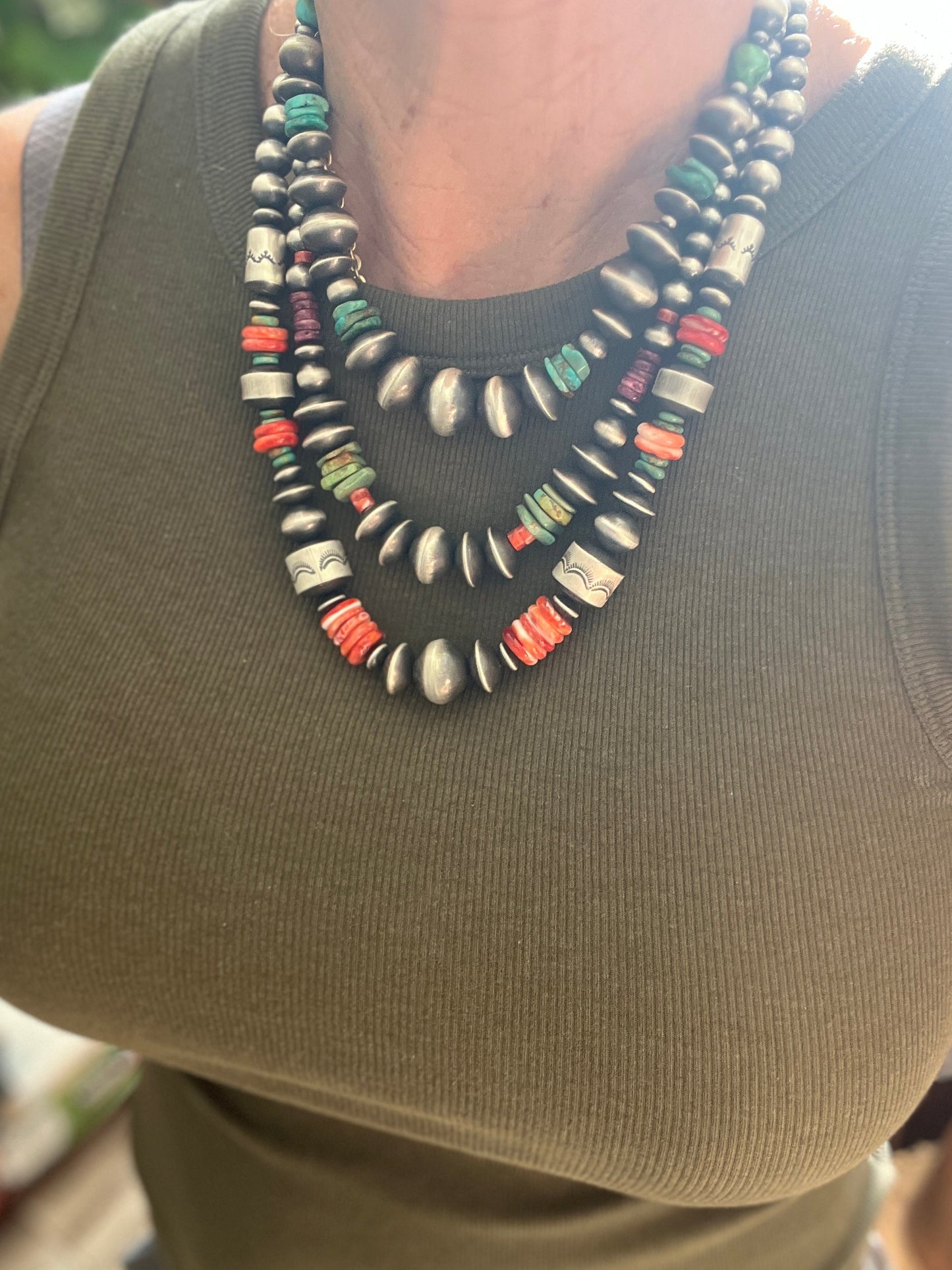 Chunky Sterling Silver, Red Spiny Oyster & Turquoise Single Strand Beaded Necklace by Rose Martin, 20” + 1”