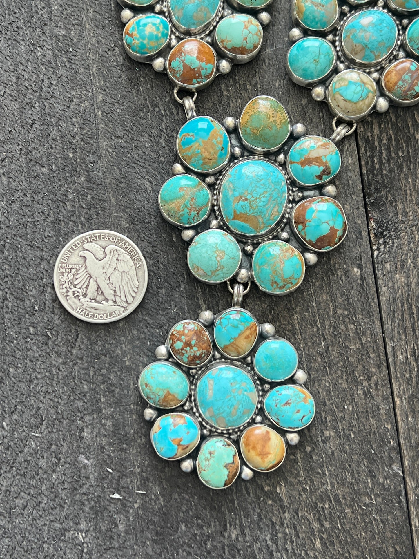 Navajo Big Mama Sterling Silver and Royston Turquoise Cluster Necklace with Matching Earrings by Sheila Becenti