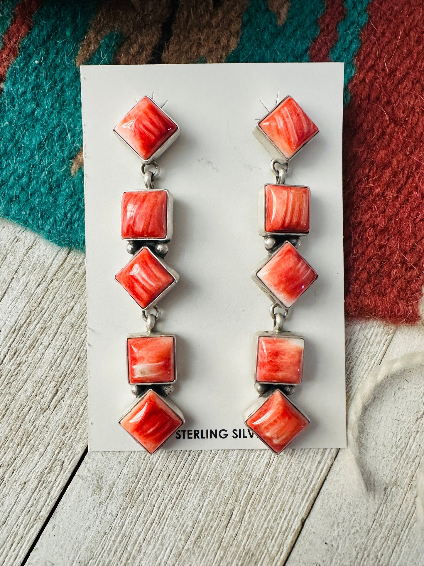 Navajo Orange Spiny and Sterling Silver Dangle Earrings