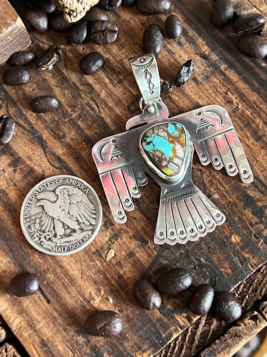 Hand Stamped Sterling Silver and Turquoise Thunderbird Pendant by Kimari Somers