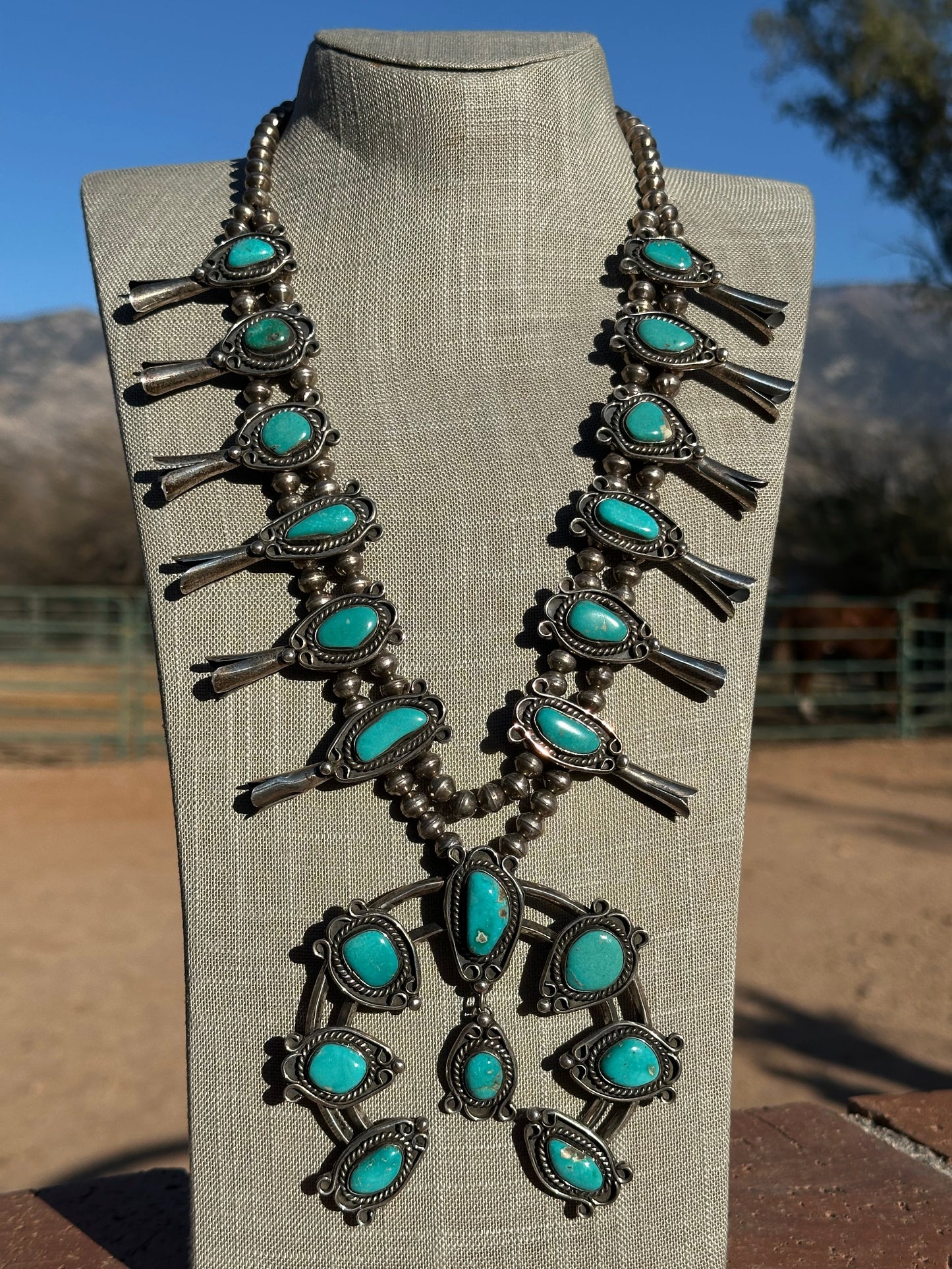 Estate Collection Old Pawn Navajo Turquoise & Sterling Silver Squash Blossom Necklace