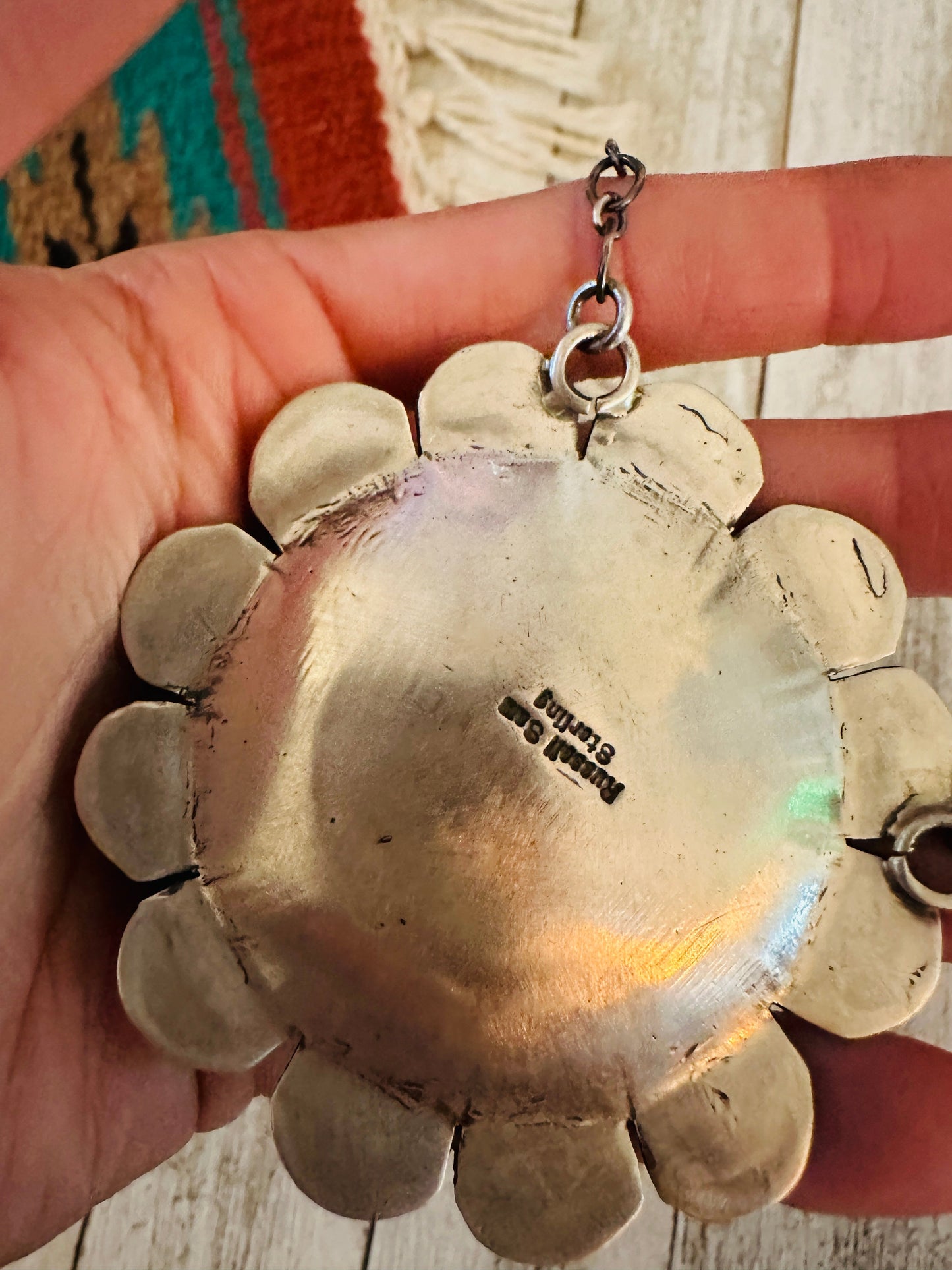 Navajo Sterling Silver and Turquoise Sunflower Necklace with Bee by Russell Sam