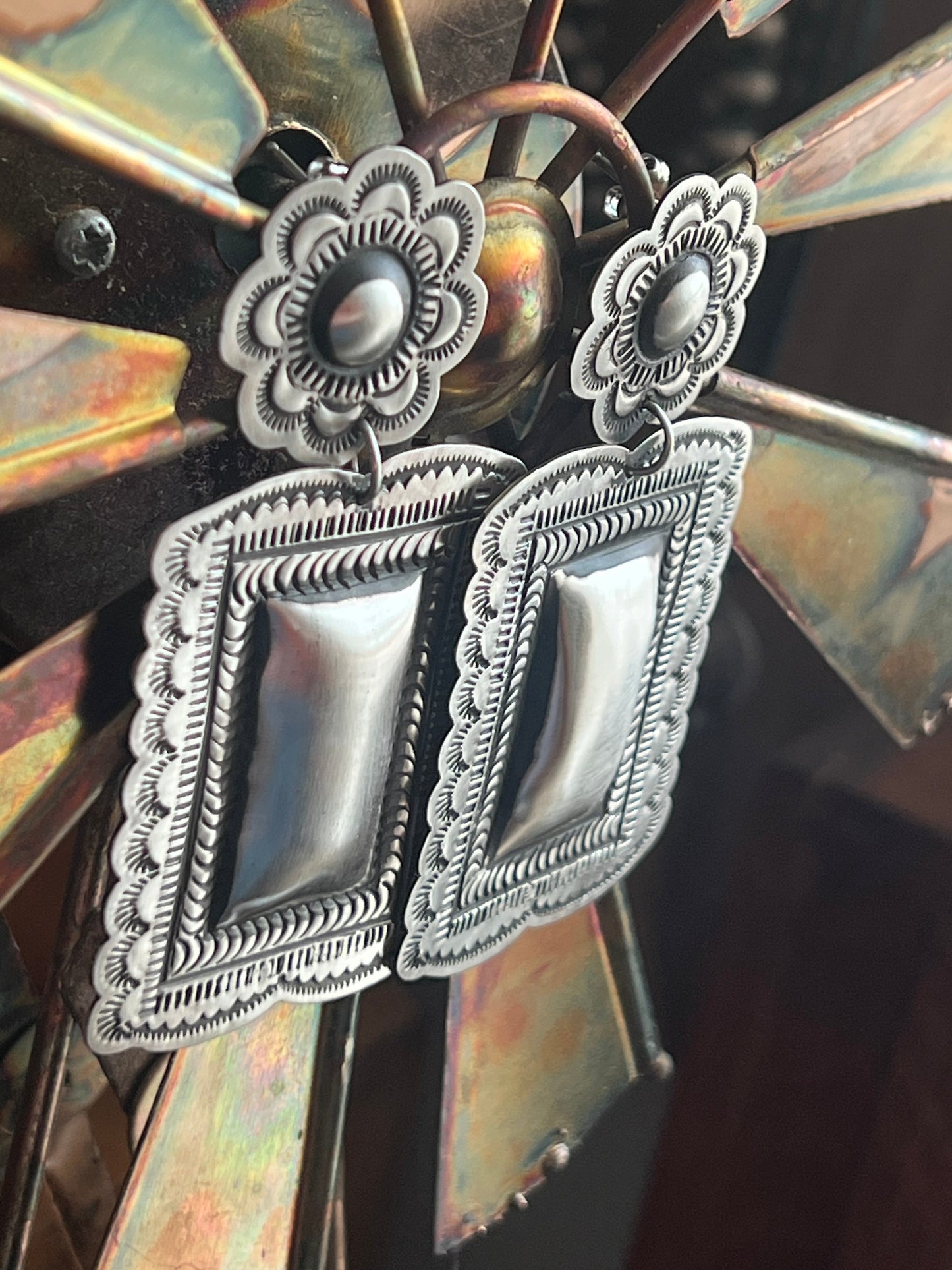 Handmade Navajo Sterling Silver Stamped Repousse Rectangle Earrings by Leander Tahe, R2