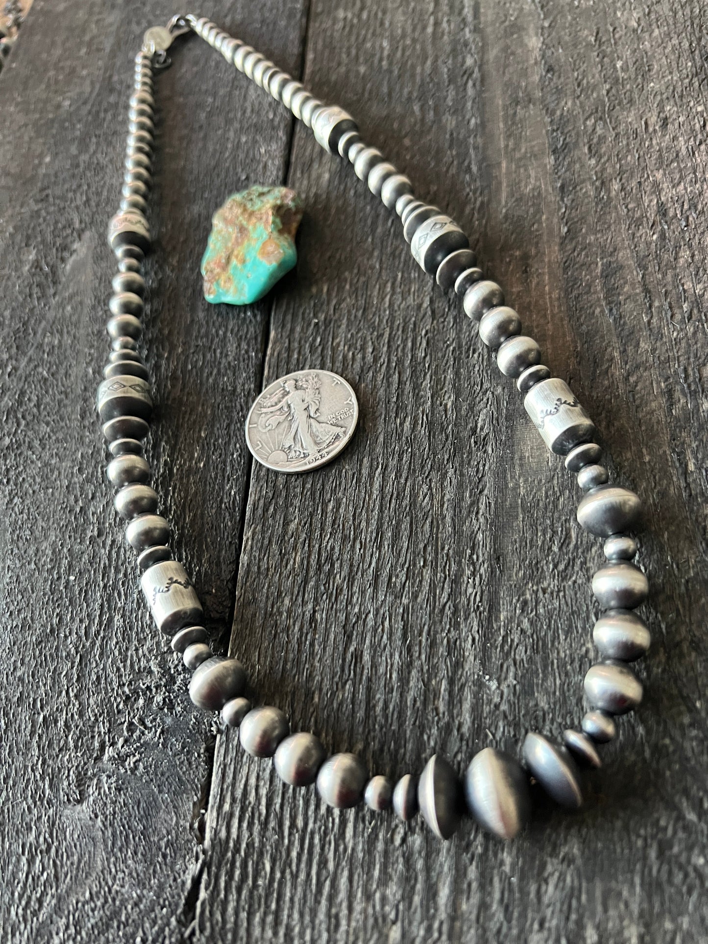 Navajo Sterling Silver Single Strand Beaded Necklace by Rose Martin, 26 + 2 Inches