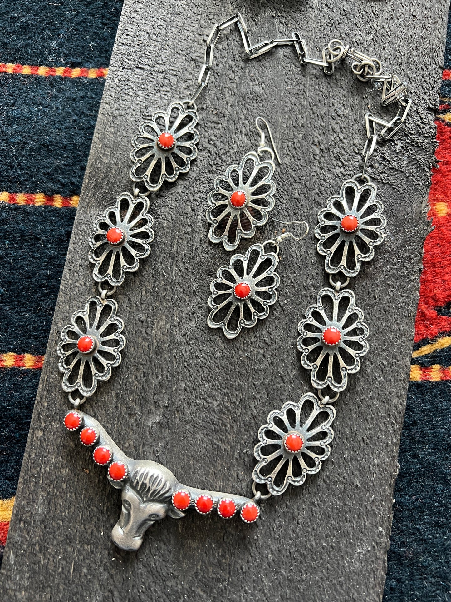 Navajo Sterling Silver and Mediterranean Coral Steer Head Concho Necklace & Earrings by Kevin Billah