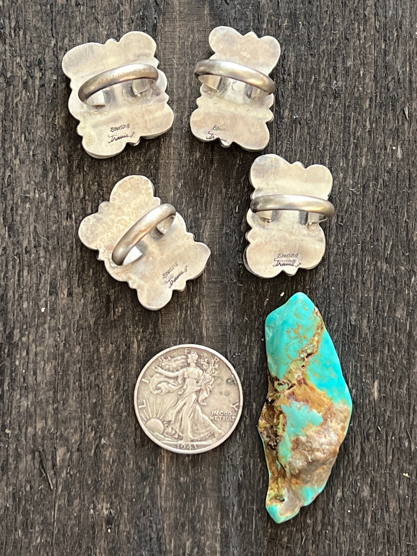 Navajo Sterling Silver and Sonoran Gold Turquoise Cluster Rings by Travis Jim, Size 8