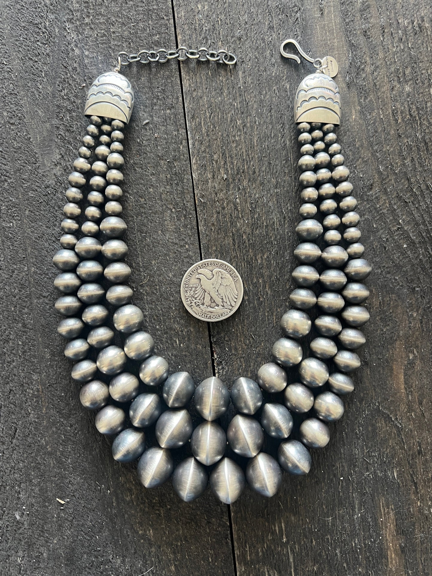 Navajo Sterling Silver Triple Strand Bead Statement Necklace by Rose Martin